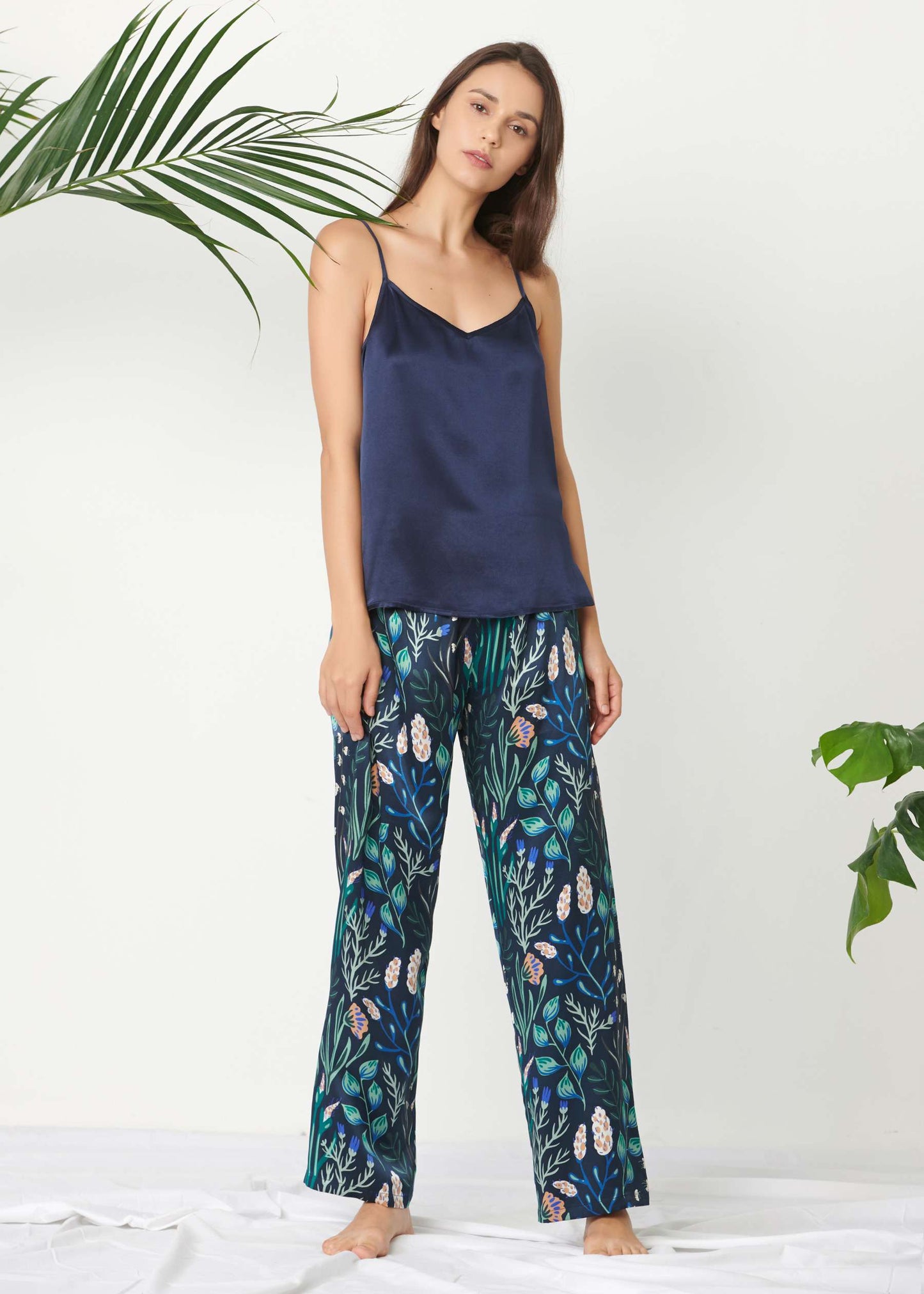 Floral Langes Seide Pyjamas Set